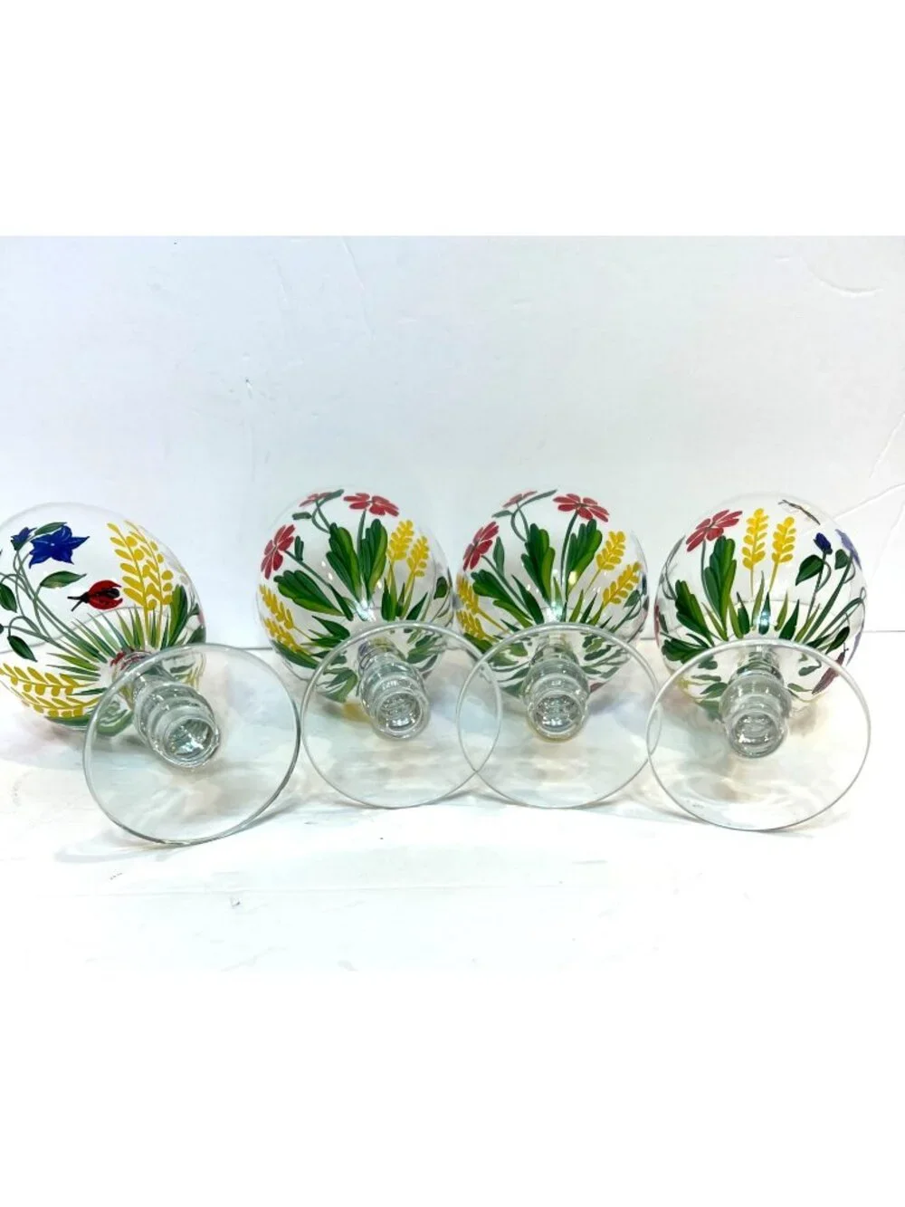 Vintage Floral Royal Danube Water Goblets Romania Set Of 4 Hand-Painted Glasses